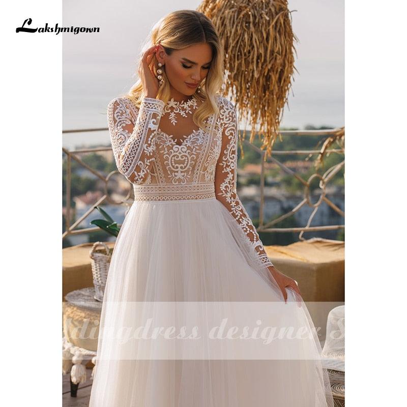NumberSea Vintage Long Sleeve Boho Wedding Dresses vestido de novia Lace High Neck Plus Size A Line Beach Bridal Gowns robe de mariee