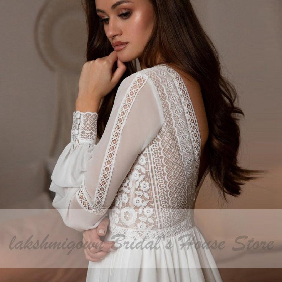NumberSea Vestidos Boho Bridal Long Sleeve Wedding Dresses A Line  Robe Longue Simple Beach Chiffon Long Wedding Gowns Deep V-neck