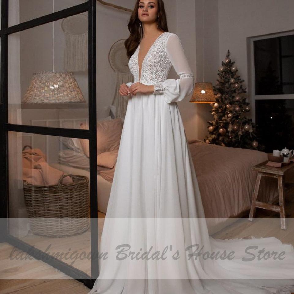 NumberSea Vestidos Boho Bridal Long Sleeve Wedding Dresses A Line  Robe Longue Simple Beach Chiffon Long Wedding Gowns Deep V-neck