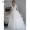 NumberSea vestido de novia Lace Tulle Backless V Neck Bow Wedding Dresses Elegant V Shape Back robe de soirée de mariage Lakshmigown