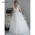 NumberSea vestido de novia Lace Tulle Backless V Neck Bow Wedding Dresses Elegant V Shape Back robe de soirée de mariage Lakshmigown