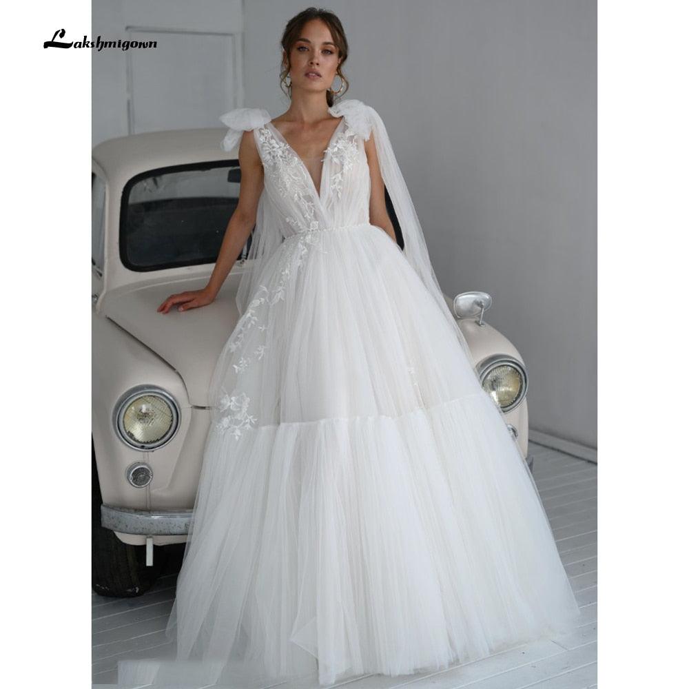 NumberSea vestido de novia Lace Tulle Backless V Neck Bow Wedding Dresses Elegant V Shape Back robe de soirée de mariage Lakshmigown