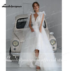 NumberSea vestido de novia Lace Tulle Backless V Neck Bow Wedding Dresses Elegant V Shape Back robe de soirée de mariage Lakshmigown