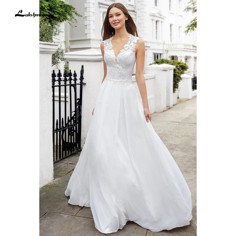 NumberSea vistidos de festa de casamento V Neck Sleeveless Lace Chiffon Wedding Dresses With Back Buttons vestido para boda playa