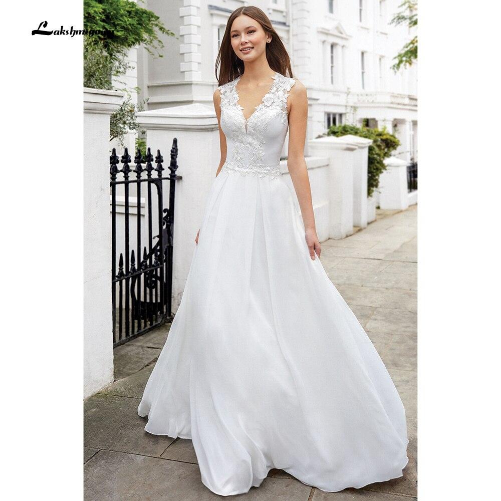 NumberSea vistidos de festa de casamento V Neck Sleeveless Lace Chiffon Wedding Dresses With Back Buttons vestido para boda playa