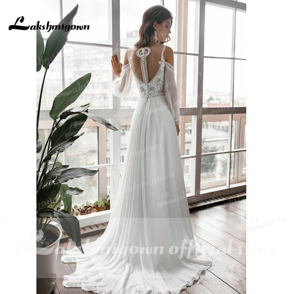 NumberSea  Long Sleeve Off Shoulder Spaghetti Straps Deep V Neck Wedding Dresses Lace Chiffon Bohemian stylerobe de mariée fille
