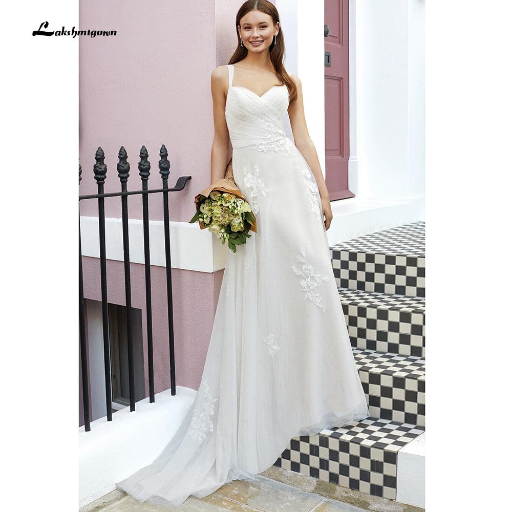 NumberSea vestido noiva Pleats Lace Spaghetti Straps Off the Shoulder Boho Wedding Dresses Backless Elegant trajes de novias largos