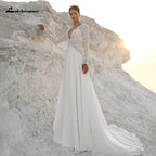 NumberSea Vintage Lace Long Sleeves Boho Wedding Dresses V Neck Bohemian Chiffon Bridal Dress Hochzeit Longue Robe 2021