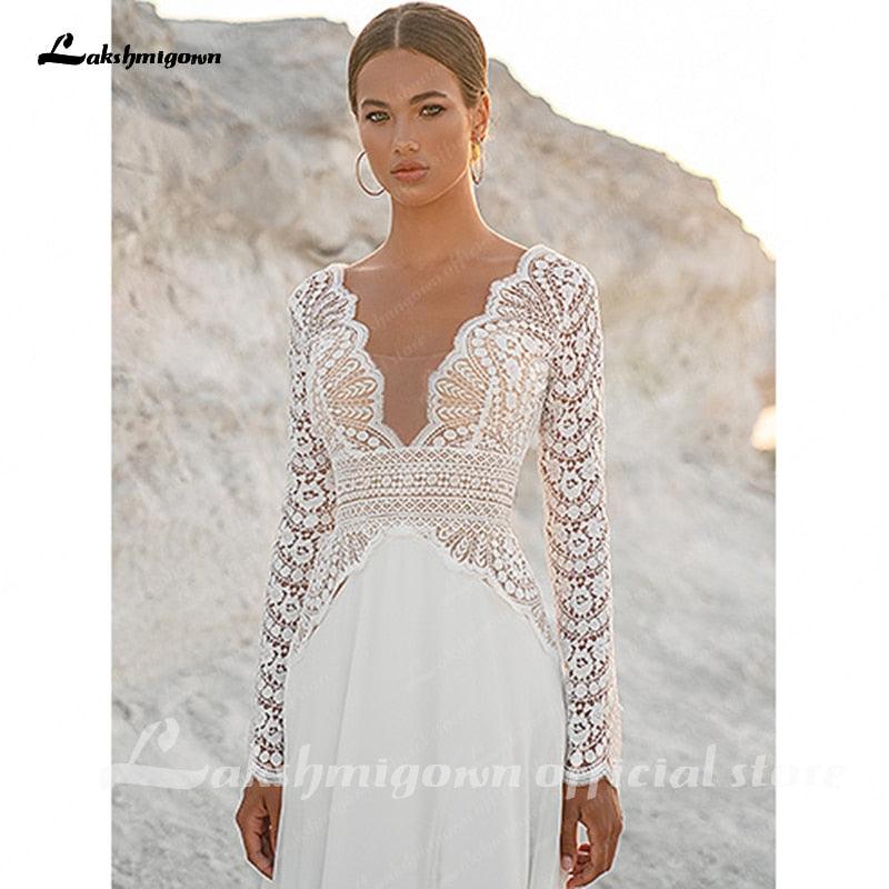 NumberSea Vintage Lace Long Sleeves Boho Wedding Dresses V Neck Bohemian Chiffon Bridal Dress Hochzeit Longue Robe 2021