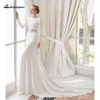 NumberSea White Lace Chiffon Wedding Dress Boho Scoop Neck Court Train Lace Long Sleeve A Line Bridal Gowns Plus Size Custom Made