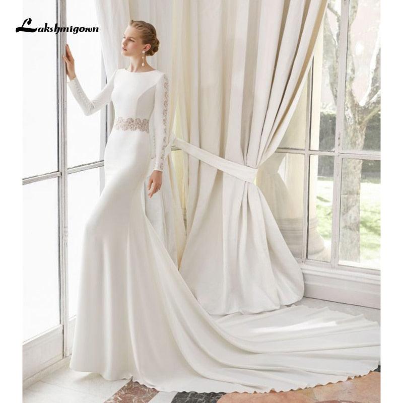 NumberSea White Lace Chiffon Wedding Dress Boho Scoop Neck Court Train Lace Long Sleeve A Line Bridal Gowns Plus Size Custom Made