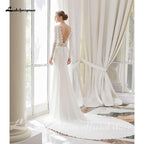 NumberSea White Lace Chiffon Wedding Dress Boho Scoop Neck Court Train Lace Long Sleeve A Line Bridal Gowns Plus Size Custom Made