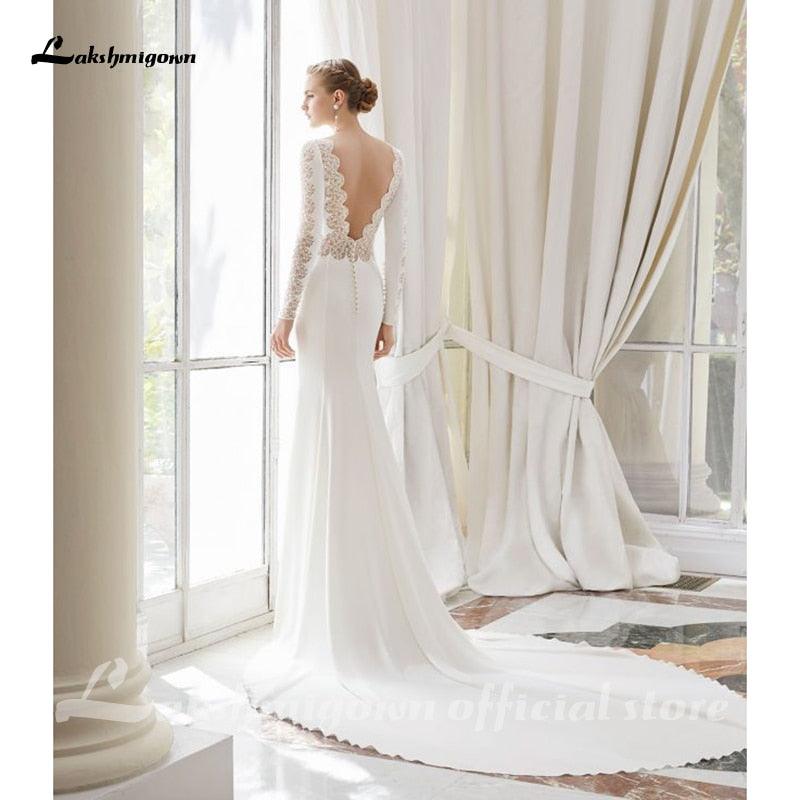 NumberSea White Lace Chiffon Wedding Dress Boho Scoop Neck Court Train Lace Long Sleeve A Line Bridal Gowns Plus Size Custom Made