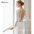 NumberSea White Lace Chiffon Wedding Dress Boho Scoop Neck Court Train Lace Long Sleeve A Line Bridal Gowns Plus Size Custom Made