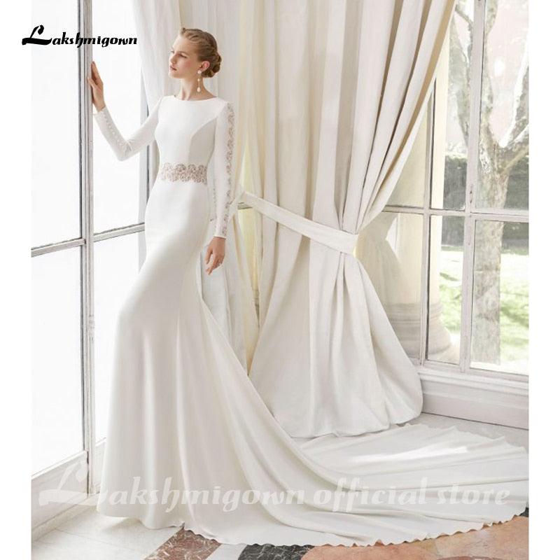 NumberSea White Lace Chiffon Wedding Dress Boho Scoop Neck Court Train Lace Long Sleeve A Line Bridal Gowns Plus Size Custom Made
