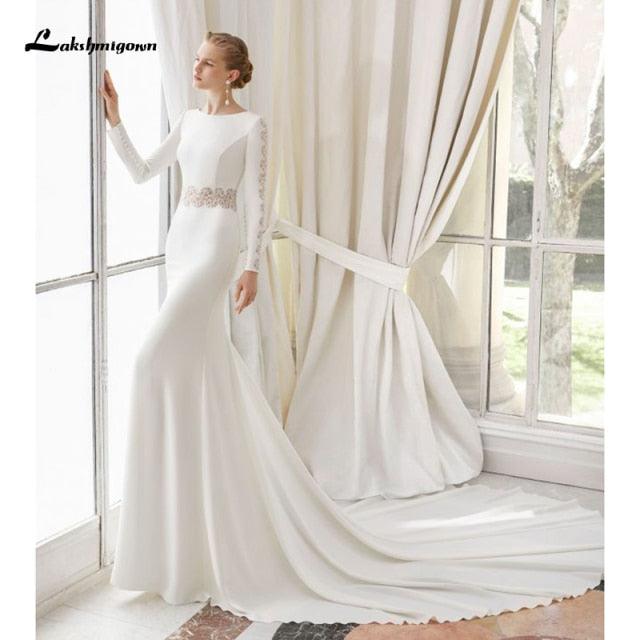 NumberSea White Lace Chiffon Wedding Dress Boho Scoop Neck Court Train Lace Long Sleeve A Line Bridal Gowns Plus Size Custom Made
