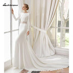 NumberSea White Lace Chiffon Wedding Dress Boho Scoop Neck Court Train Lace Long Sleeve A Line Bridal Gowns Plus Size Custom Made