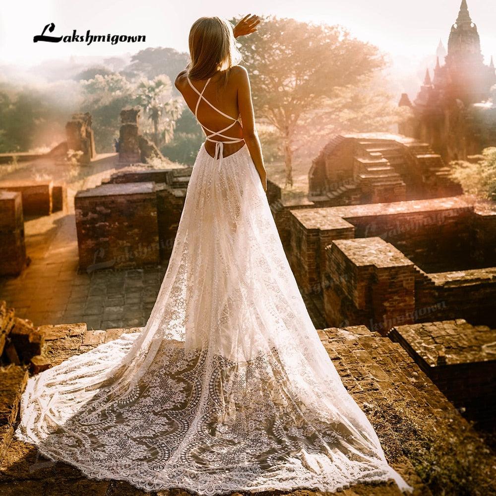 NumberSea Vestido Summer Boho Wedding Dresses Criss-cross Strap Floral Embroidery Bodice Lace Beach Sexy Simple Wedding Bridal Gown