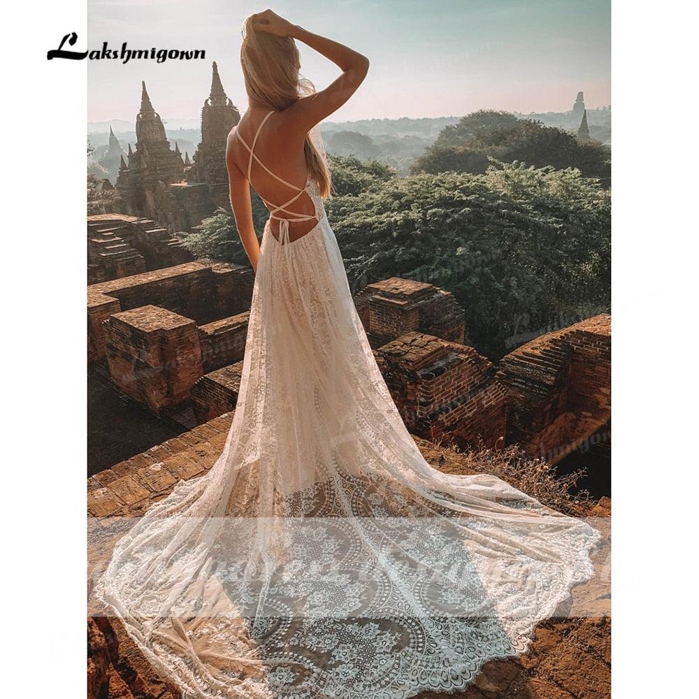 NumberSea Vestido Summer Boho Wedding Dresses Criss-cross Strap Floral Embroidery Bodice Lace Beach Sexy Simple Wedding Bridal Gown