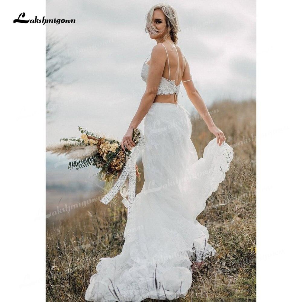 NumberSea Two Piece Tulle A-Line Boho Wedding Dresses V-Neck Spaghetti Straps Lace-Up Sleeveless Sweep Train Bride Gowns Appliques Pleats