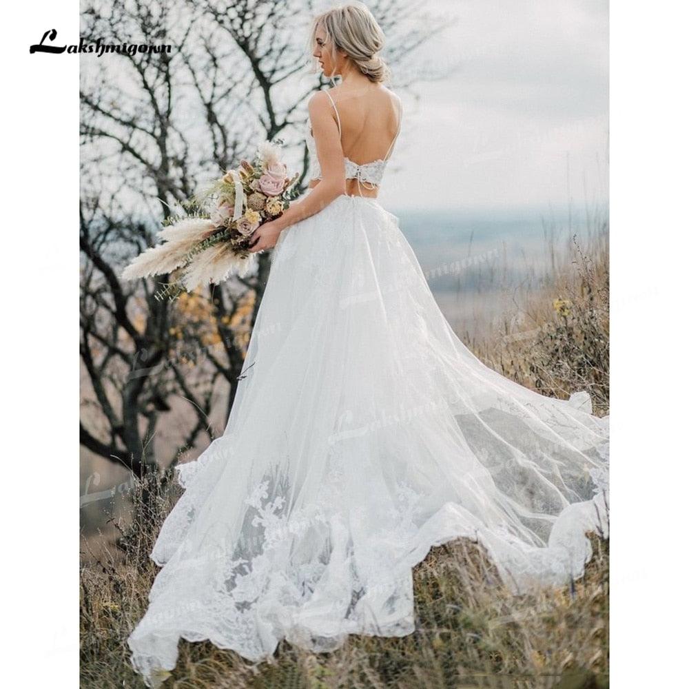 NumberSea Two Piece Tulle A-Line Boho Wedding Dresses V-Neck Spaghetti Straps Lace-Up Sleeveless Sweep Train Bride Gowns Appliques Pleats