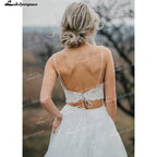 NumberSea Two Piece Tulle A-Line Boho Wedding Dresses V-Neck Spaghetti Straps Lace-Up Sleeveless Sweep Train Bride Gowns Appliques Pleats
