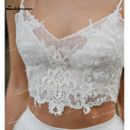 NumberSea Two Piece Tulle A-Line Boho Wedding Dresses V-Neck Spaghetti Straps Lace-Up Sleeveless Sweep Train Bride Gowns Appliques Pleats