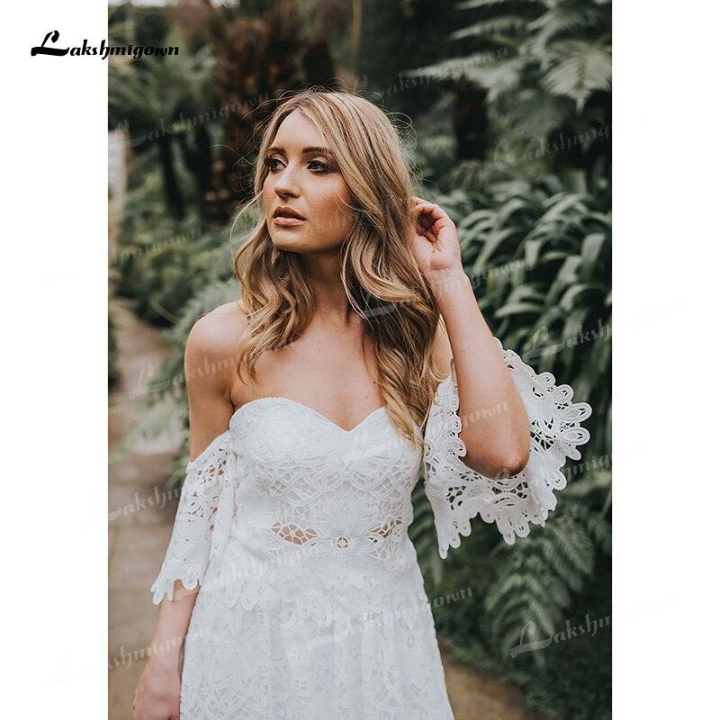 NumberSea Two Piece  Boho Long Wedding Dresses Sweetheart Neck Appliques Floor-Length  Sweep Train Lace Short Sleeve vestidos de novia