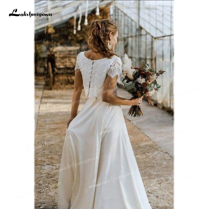 NumberSea Two Pieces Wedding Dresses Lace Top Short Sleeve O-Neck Chiffon Floor-Length Sweep Train Beach Bridal Gowns Back Design Button