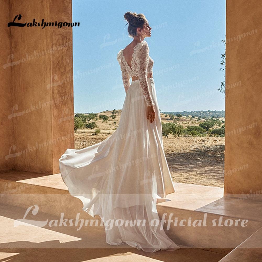 NumberSea Two pieces Wedding Dresses  Civil Boho Wedding Gowns Lace Top Long Sleeves Front Split dress princess white Lakshmigown