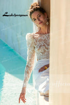 NumberSea Two pieces Wedding Dresses  Civil Boho Wedding Gowns Lace Top Long Sleeves Front Split dress princess white Lakshmigown