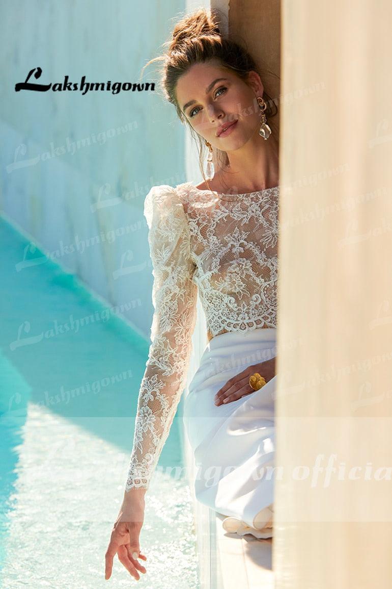 NumberSea Two pieces Wedding Dresses  Civil Boho Wedding Gowns Lace Top Long Sleeves Front Split dress princess white Lakshmigown