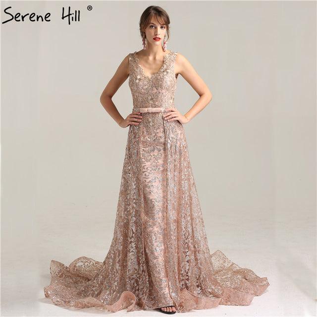 On Sale  no return no refundSale Deep-V Sleeveless Gliter Vintage Sexy Evening Dresses Mermaid Fashion Elegant With Removrable Train Evening Gown LA6235