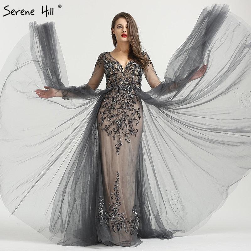 Long Sleeve Sexy V-Neck New Evening Dress A-Line Fashion Diamond Beading With Train Evening Dress Real Photo LA6571