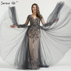 Long Sleeve Sexy V-Neck New Evening Dress A-Line Fashion Diamond Beading With Train Evening Dress Real Photo LA6571