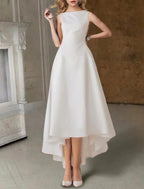 Hall Little White Dresses Wedding Dresses A-Line Scoop Neck Sleeveless Tea Length Satin Bridal Gowns With Pleats Solid Color