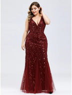 Mermaid / Trumpet Sparkle Sexy Prom Formal Evening Valentine's Day Dress V Neck V Back Sleeveless Floor Length Tulle with Sequin Appliques