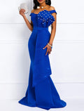 Mermaid Party Dress Beautiful Back Elegant Engagement Formal Evening Dress Off Shoulder Short Sleeve Sweep / Brush Train Lace with Sash / Ribbon Pearls