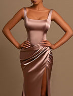 Mermaid / Trumpet Evening Gown High Split Dress Cocktail Party Dress Floor Length Sleeveless Scoop Neck Bridesmaid Dress Satin with Ruched