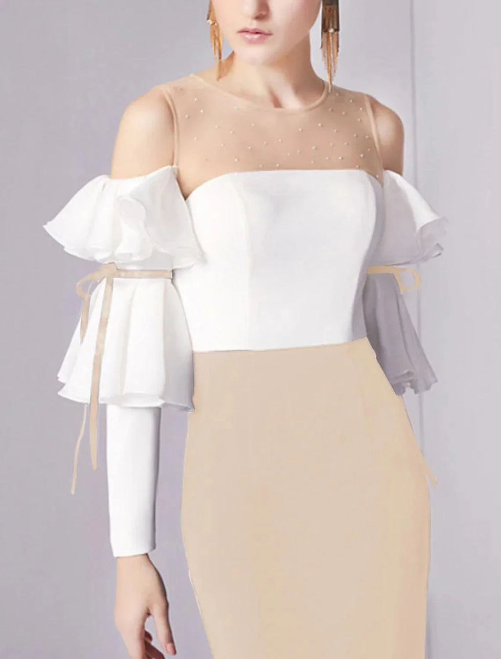 Mermaid / Trumpet Evening Gown Minimalist Dress Wedding Guest Engagement Floor Length 3/4 Length Sleeve Jewel Neck Stretch Fabric with Pleats Ruffles
