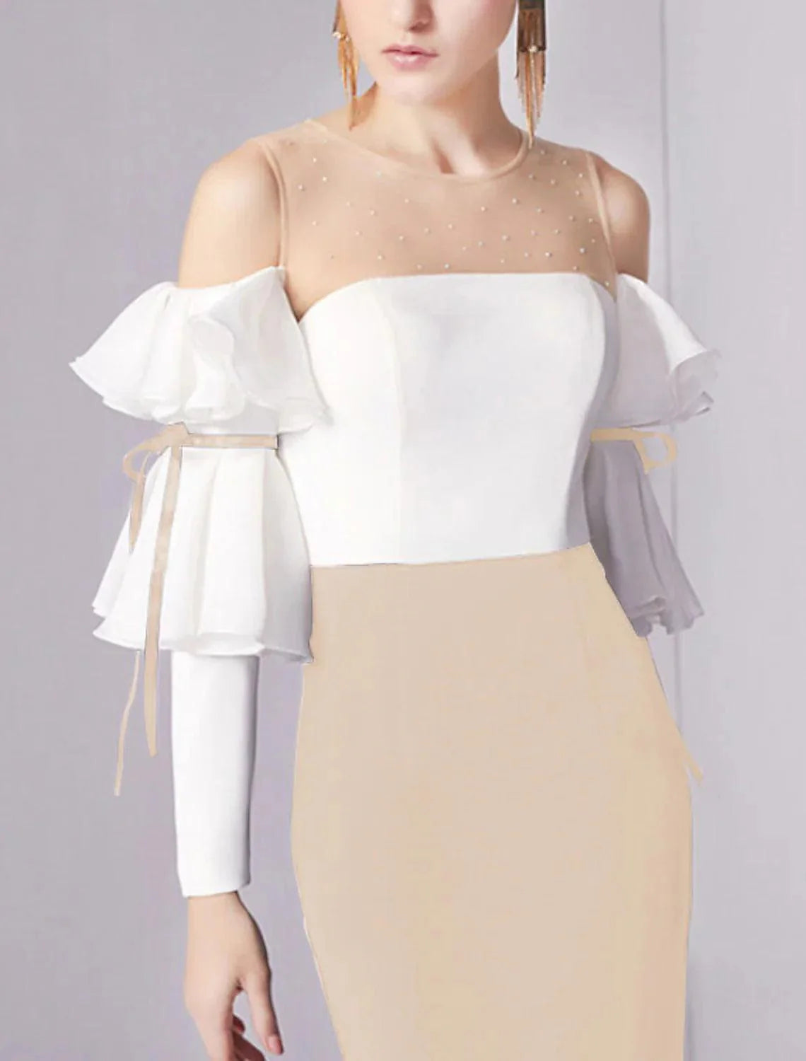 Mermaid / Trumpet Evening Gown Minimalist Dress Wedding Guest Engagement Floor Length 3/4 Length Sleeve Jewel Neck Stretch Fabric with Pleats Ruffles