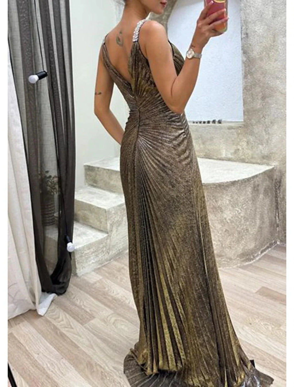 Mermaid / Trumpet Prom Dresses Sparkle Dress Formal Evening Party Sweep / Brush Train Sleeveless V Neck Spandex with Rhinestone Pleats Slit