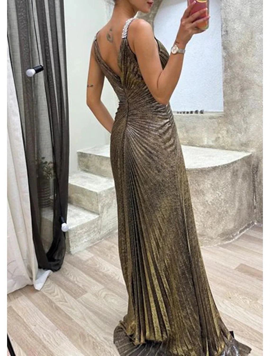 Mermaid / Trumpet Prom Dresses Sparkle Dress Formal Evening Party Sweep / Brush Train Sleeveless V Neck Spandex with Rhinestone Pleats Slit