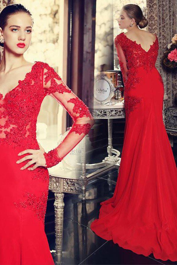 V-neck Long Sleeves Mermaid Satin Prom Dresses With Appliques