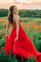 Off-Shoulder A-line Chiffon Applique Lace-Up Long Prom Dress