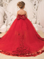 Red Ball Gown Sweep Brush Train Wedding Party Flower Girl Dresses