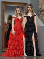 A Line Off the Shoulder Corset Prom Dress with Lace Ruffles