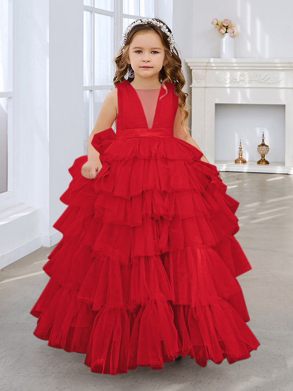 Ball-Gown/Princess Pearl Pink Sleeveless Tulle Bow Flower Girl Dress