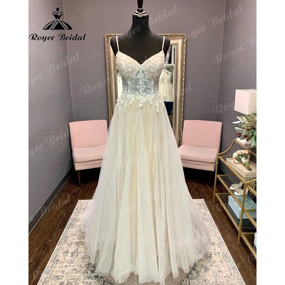 robe longue Lace Wedding Dress with V Neckline  Spaghetti Straps Bridal Gown Backless vestido de novia NumberSea Elegnat