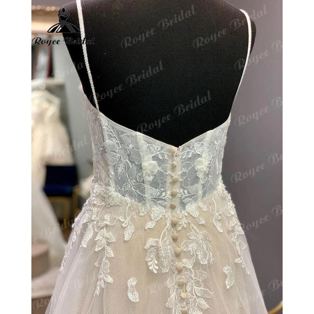 robe longue Lace Wedding Dress with V Neckline  Spaghetti Straps Bridal Gown Backless vestido de novia NumberSea Elegnat